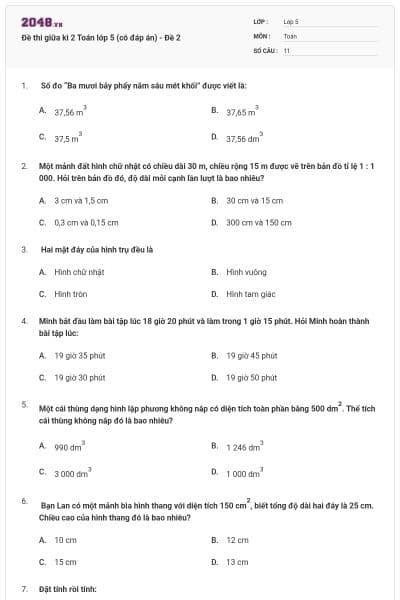 Đề thi giữa kì 2 Toán lớp 5 (có đáp án) - Đề 2