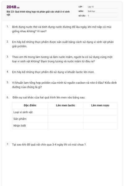 Bài 23: Quá trình tổng hợp và phân giải các chất ở vi sinh vật