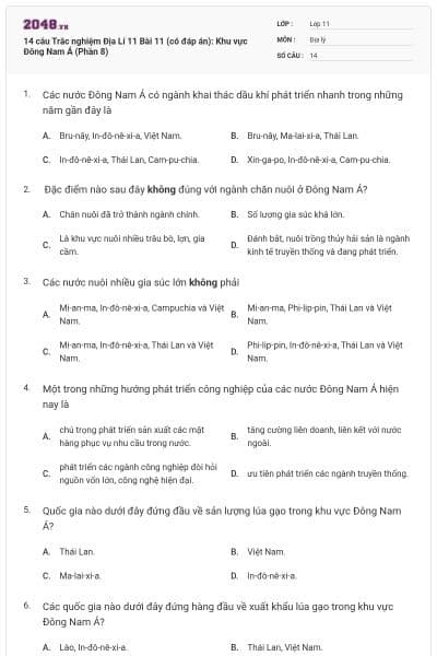 14 câu  Trắc nghiệm Địa Lí 11 Bài 11 (có đáp án): Khu vực Đông Nam Á (Phần 8)