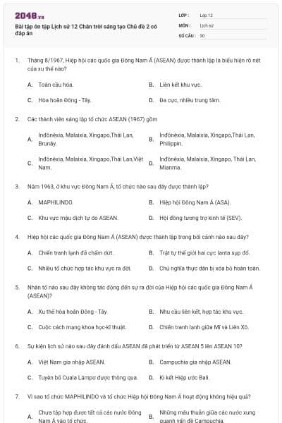 Bài tập ôn tập Lịch sử 12 Chân trời sáng tạo Chủ đề 2 có đáp án
