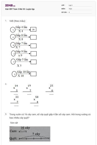 Giải VBT Toán 3 Bài 33: Luyện tập