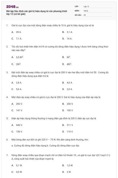 Bài tập Xác định các giá trị hiệu dụng từ các phương trình lớp 12 (có lời giải)