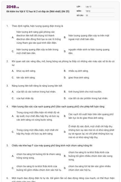 Đề kiểm tra Vật lí 12 học kì 2 có đáp án (Mới nhất) (Đề 25)