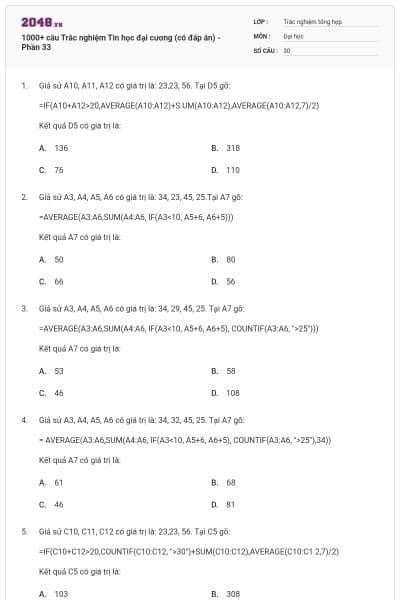 1000+ câu Trắc nghiệm Tin học đại cương (có đáp án) - Phần 33