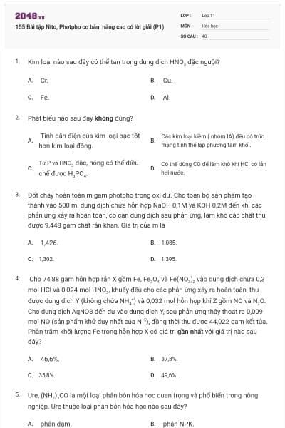 155 Bài tập Nito, Photpho cơ bản, nâng cao có lời giải (P1)