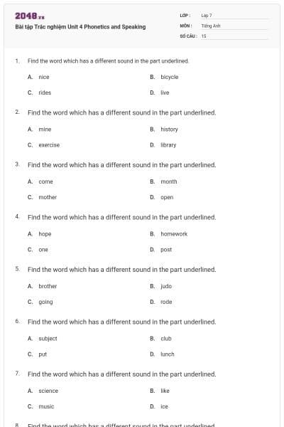 Bài tập Trắc nghiệm Unit 4 Phonetics and Speaking