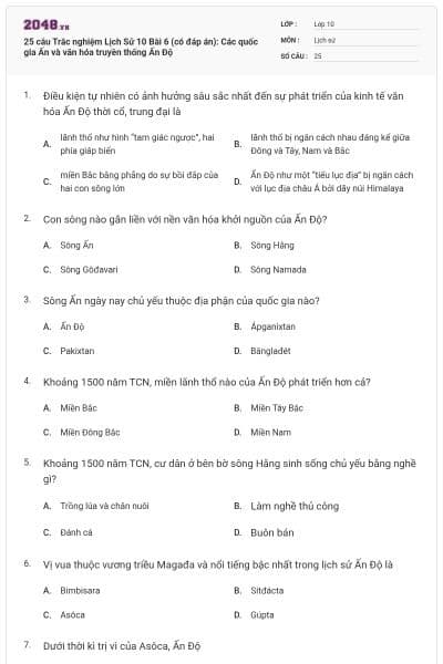 25 câu Trắc nghiệm Lịch Sử 10 Bài 6 (có đáp án): Các quốc gia Ấn và văn hóa truyền thống Ấn Độ