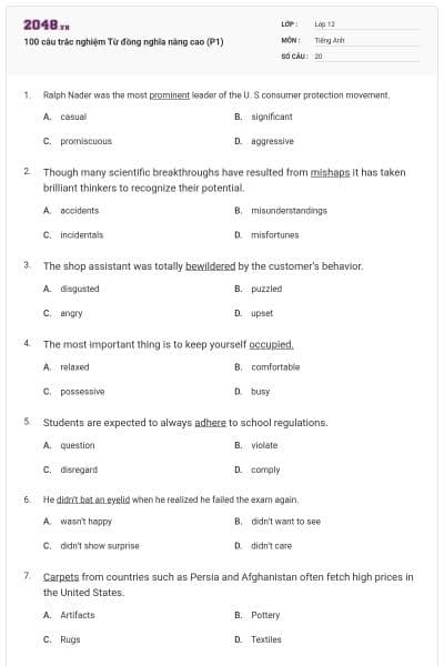 100 câu trắc nghiệm Từ đồng nghĩa nâng cao (P1)