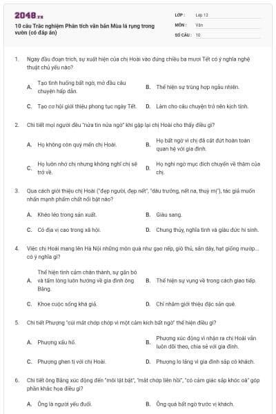 10 câu Trắc nghiệm Phân tích văn bản Mùa lá rụng trong vườn (có đáp án)