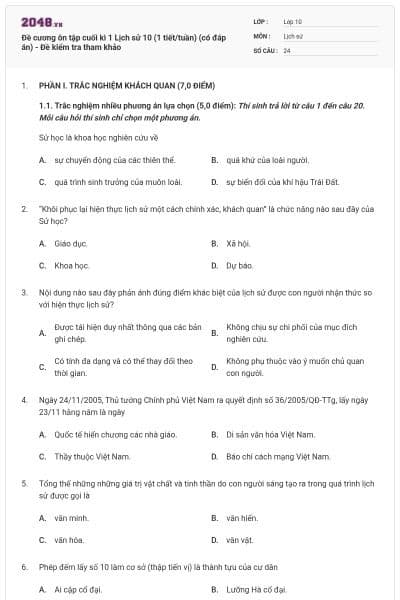 Đề cương ôn tập cuối kì 1 Lịch sử 10 (1 tiết/tuần) (có đáp án) - Đề kiểm tra tham khảo
