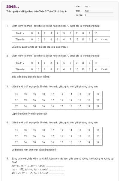 Trắc nghiệm bài tập theo tuần Toán 7-Tuần 21 có đáp án