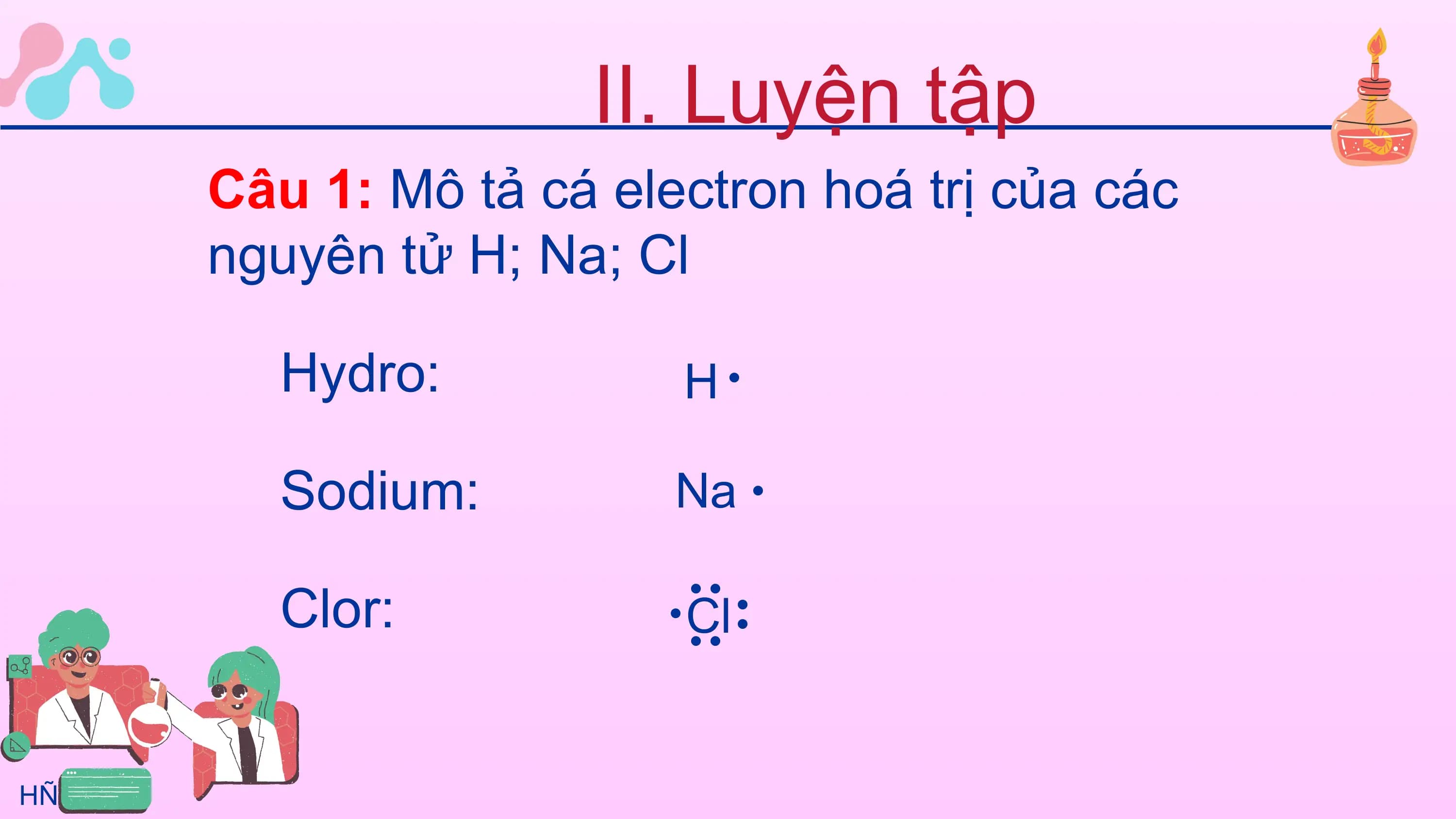II. Luyện tập
 Câu 1: Mô tả cá electron hoá trị của các
 nguyên tử H; Na; Cl

 Hydro: H·

 Sodium: Na ·

 Clor:
 ··
 Cl

 ··
 ·
 ··

HÑC - A