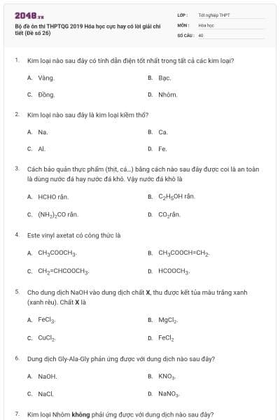Bộ đề ôn thi THPTQG 2019 Hóa học cực hay có lời giải chi tiết (Đề số 26)
