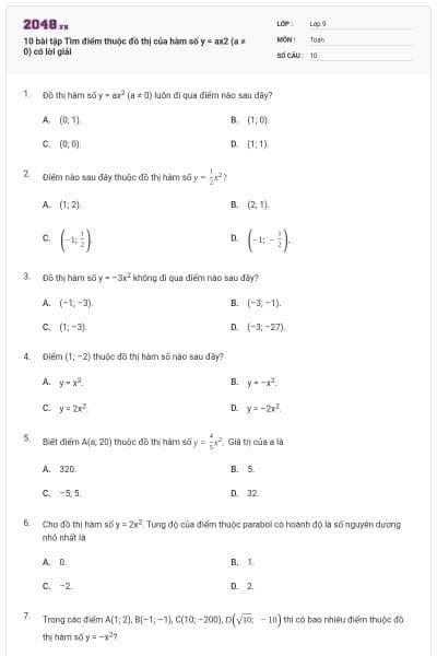 10 bài tập Tìm điểm thuộc đồ thị của hàm số y = ax2 (a ≠ 0) có lời giải