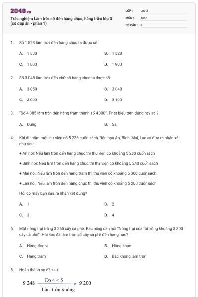 Trắc nghiệm Làm tròn số đến hàng chục, hàng trăm lớp 3 (có đáp án - phần 1)