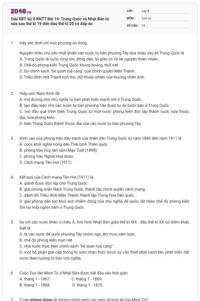Giải SBT Sử 8 KNTT Bài 14: Trung Quốc và Nhật Bản từ nửa sau thế kỉ 19 đến đầu thế kỉ 20 có đáp án
