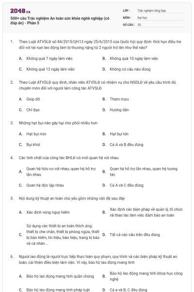 500+ câu Trắc nghiệm An toàn sức khỏe nghề nghiệp (có đáp án) - Phần 5