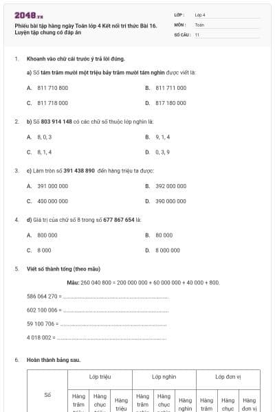 Phiếu bài tập hàng ngày Toán lớp 4 Kết nối tri thức Bài 16. Luyện tập chung có đáp án