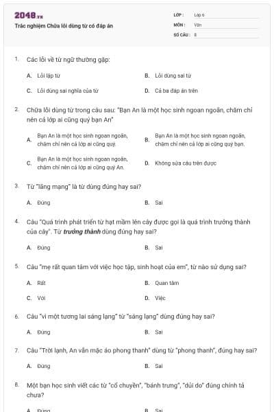 Trắc nghiệm Chữa lỗi dùng từ có đáp án