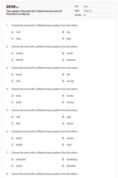 Trắc nghiệm Tiếng Anh lớp 4 Global Success Unit 20 Phonetics (có đáp án)