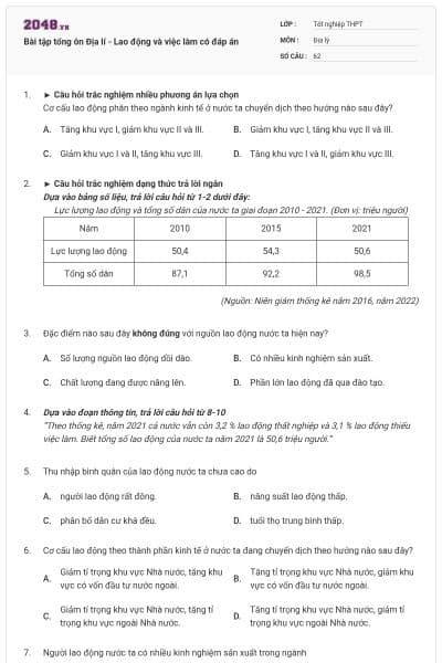 Bài tập tổng ôn Địa lí - Lao động và việc làm có đáp án