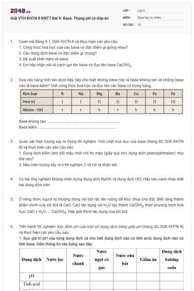 Giải VTH KHTN 8 KNTT Bài 9: Base. Thang pH có đáp án