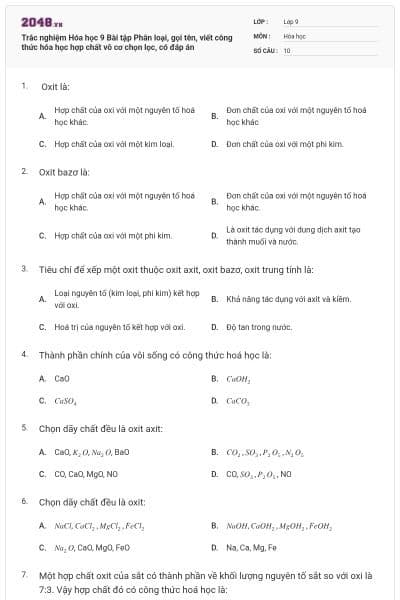 Trắc nghiệm Hóa học 9 Bài tập Phân loại, gọi tên, viết công thức hóa học hợp chất vô cơ chọn lọc, có đáp án