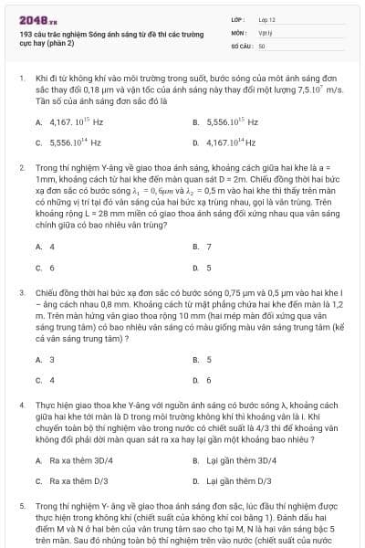 193 câu trắc nghiệm Sóng ánh sáng từ đề thi các trường cực hay (phần 2)