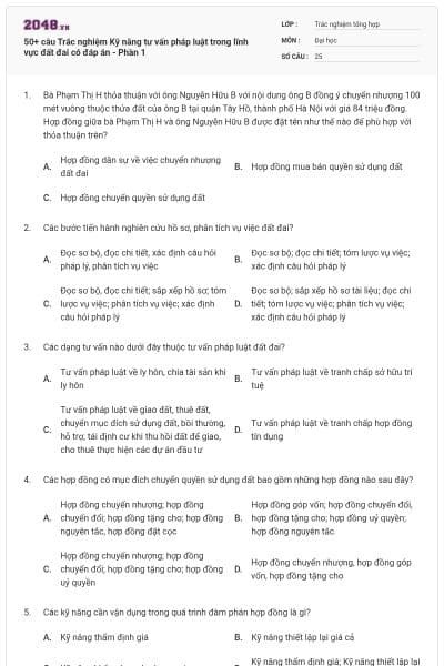 50+ câu Trắc nghiệm Kỹ năng tư vấn pháp luật trong lĩnh vực đất đai có đáp án - Phần 1