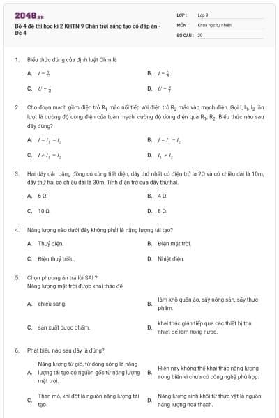 Bộ 4 đề thi học kì 2 KHTN 9 Chân trời sáng tạo có đáp án - Đề 4