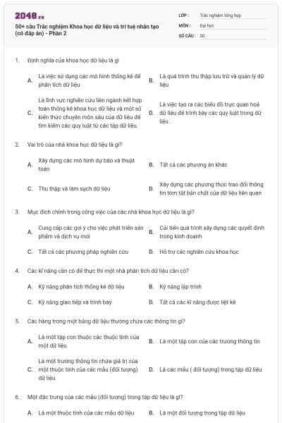 50+ câu Trắc nghiệm Khoa học dữ liệu và trí tuệ nhân tạo (có đáp án) - Phần 2