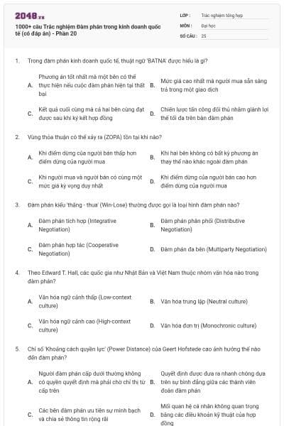 1000+ câu Trắc nghiệm Đàm phán trong kinh doanh quốc tế (có đáp án) - Phần 20