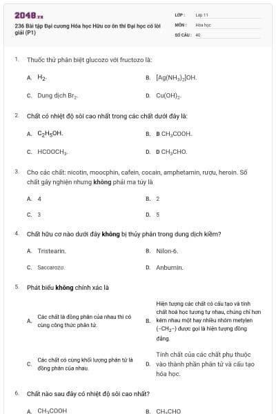 236 Bài tập Đại cương Hóa học Hữu cơ ôn thi Đại học có lời giải (P1)
