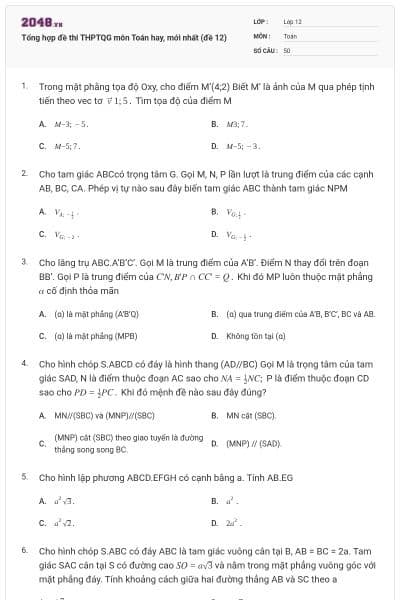 Tổng hợp đề thi THPTQG môn Toán hay, mới nhất (đề 12)
