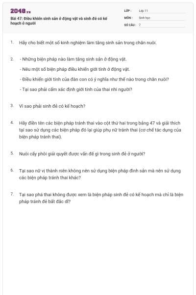 Bài 47: Điều khiển sinh sản ở động vật và sinh đẻ có kế hoạch ở người