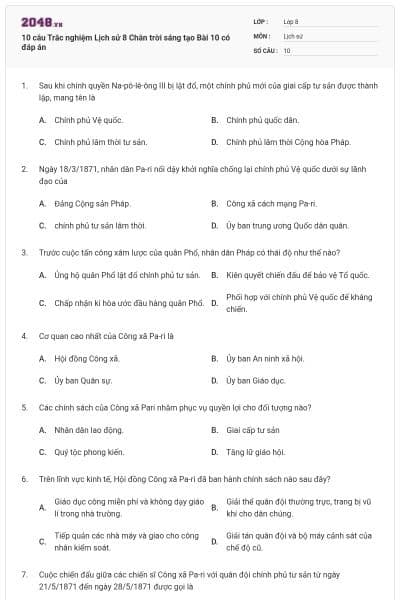 10 câu Trắc nghiệm Lịch sử 8 Chân trời sáng tạo Bài 10 có đáp án