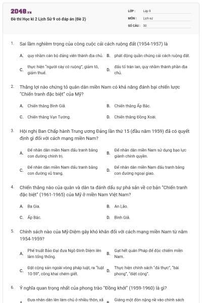 Đề thi Học kì 2 Lịch Sử 9 có đáp án (Đề 2)