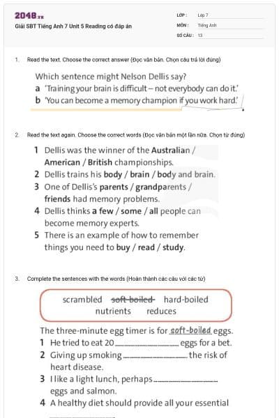 Giải SBT Tiếng Anh 7 Unit 5 Reading có đáp án