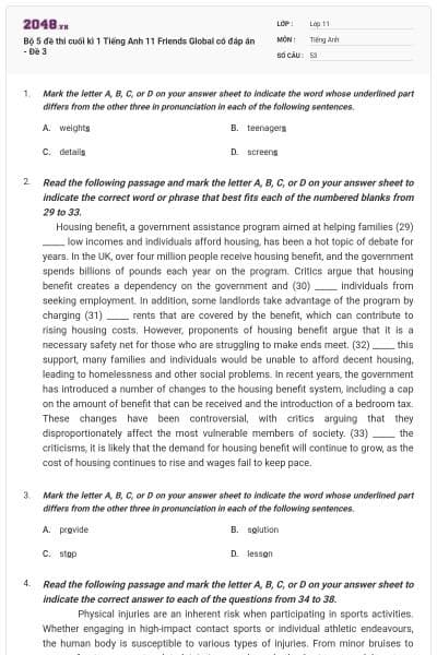 Bộ 5 đề thi cuối kì 1 Tiếng Anh 11 Friends Global có đáp án - Đề 3