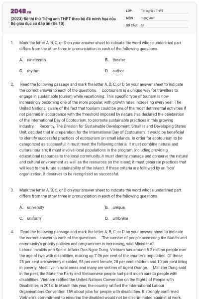 (2023) Đề thi thử Tiếng anh THPT theo bộ đề minh họa của Bộ giáo dục có đáp án (Đề 10)