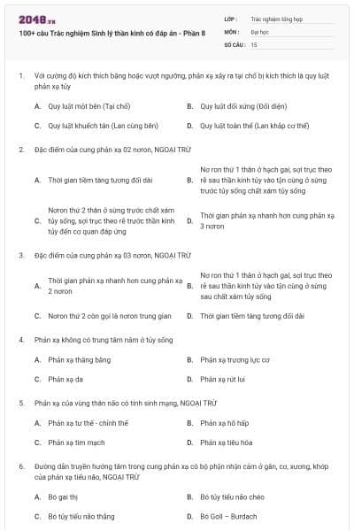 100+ câu Trắc nghiệm Sinh lý thần kinh có đáp án - Phần 8