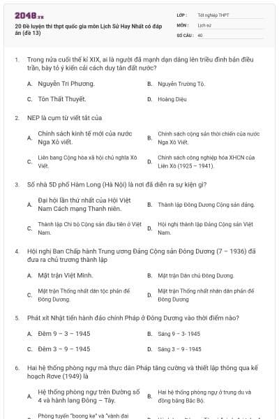 20 Đề luyện thi thpt quốc gia môn Lịch Sử Hay Nhất có đáp án (đề 13)