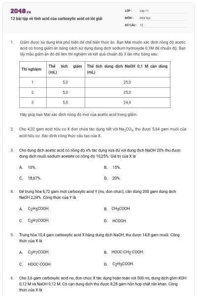 12 bài tập về tính acid của carboxylic acid có lời giải