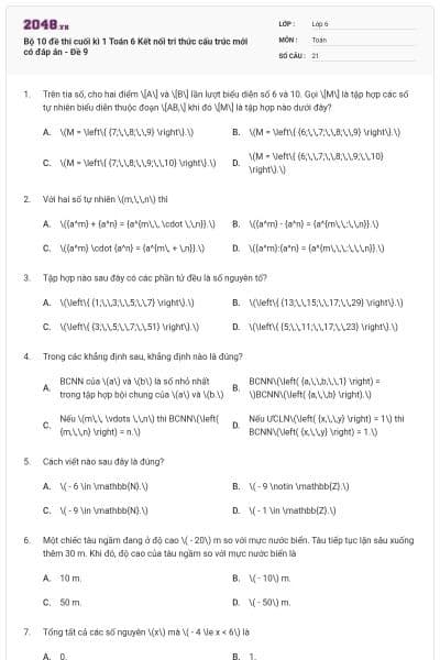 Bộ 10 đề thi cuối kì 1 Toán 6 Kết nối tri thức cấu trúc mới có đáp án - Đề 9
