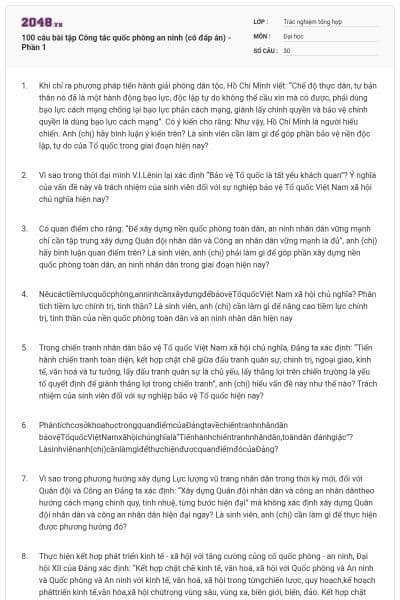 100 câu bài tập Công tác quốc phòng an ninh (có đáp án) - Phần 1
