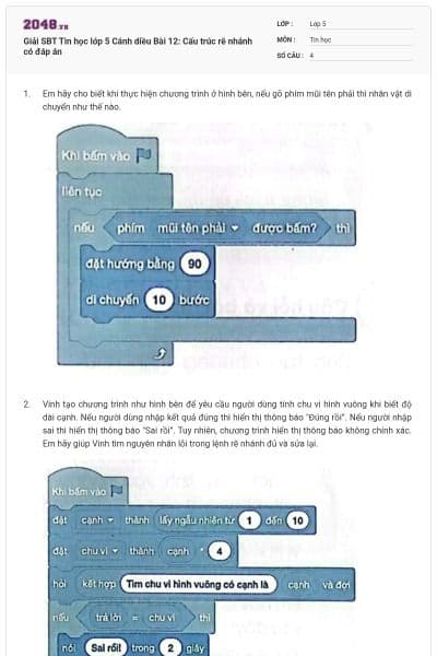 Giải SBT Tin học lớp 5 Cánh diều Bài 12: Cấu trúc rẽ nhánh có đáp án