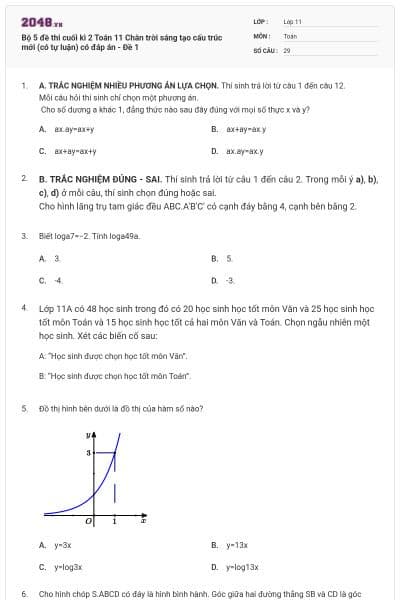 Bộ 5 đề thi cuối kì 2 Toán 11 Chân trời sáng tạo cấu trúc mới (có tự luận) có đáp án - Đề 1