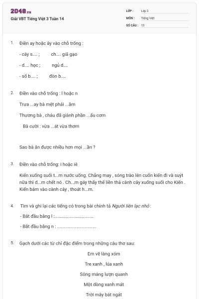 Giải VBT Tiếng Việt 3 Tuần 14