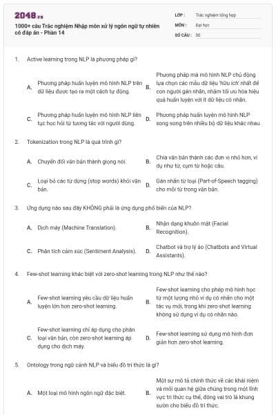 1000+ câu Trắc nghiệm Nhập môn xử lý ngôn ngữ tự nhiên có đáp án - Phần 14