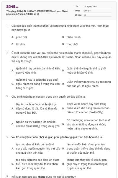 Tổng hợp 20 bộ đề thi thử THPTQG 2019 Sinh Học - Chinh phục điểm 9 điểm 10 (Đề số 3)